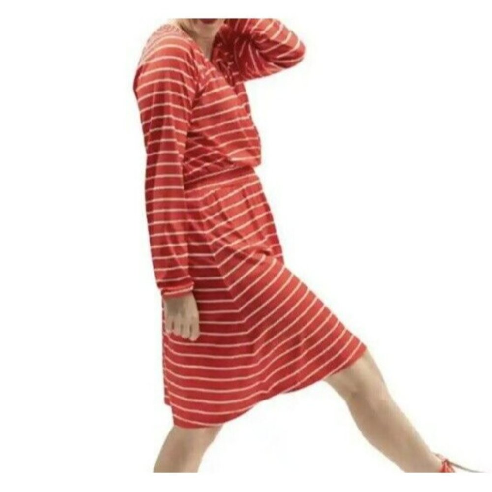 NWT Lularoe Jody Long Sleeve Peasant Dress Red White Stripe Stretchy Large